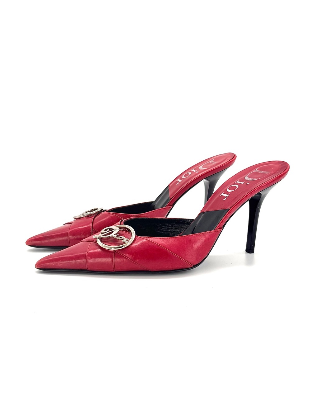 Dior Logo Retro Vintage Galliano Red Leather Pointed Toe Mules Pumps 37